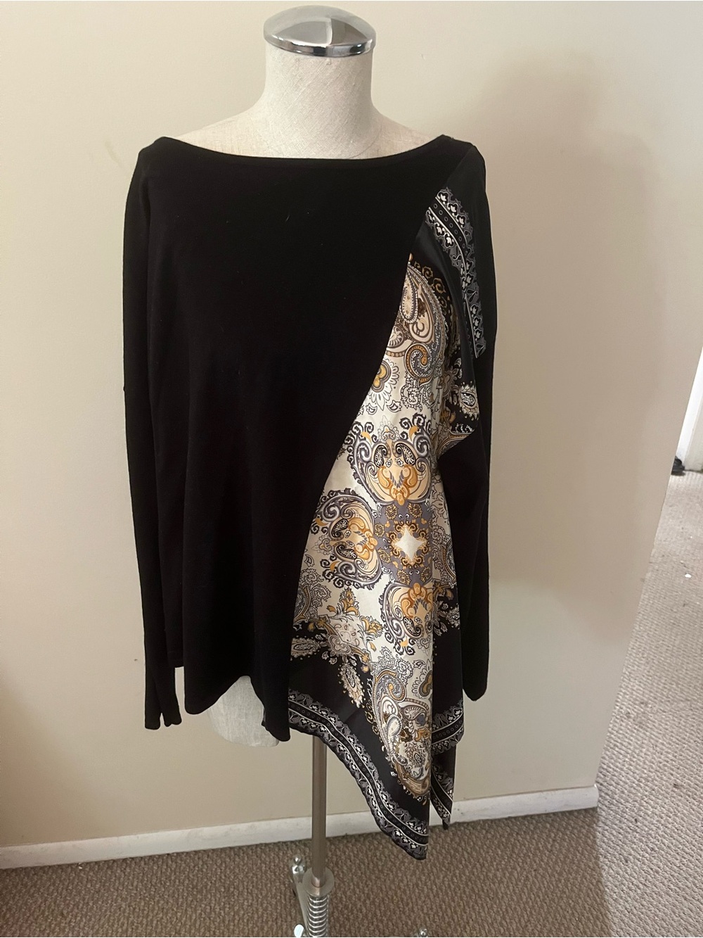 Chico's Black Top with Gold and White Paisley Accent